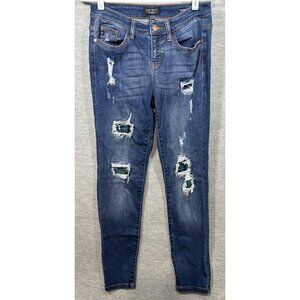 Judy Blue Womens Distressed Skinny Fit Jeans Size 9/29‎ Patched Blue Green Plaid